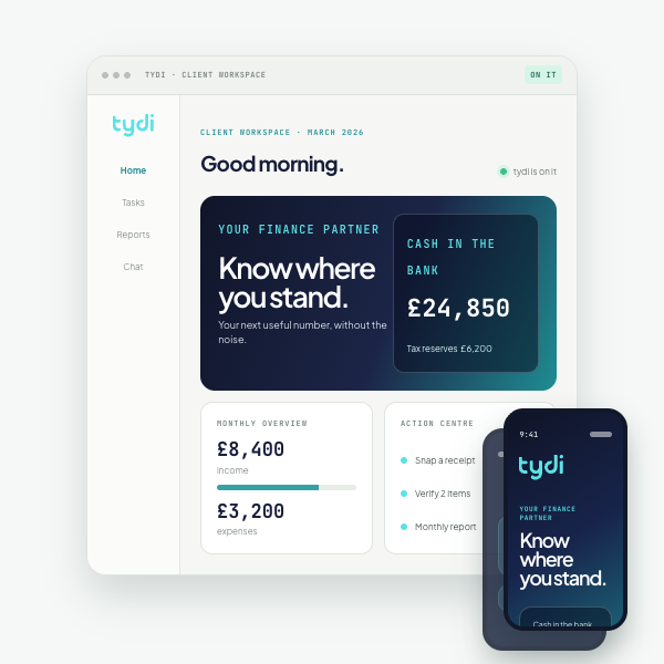 The Tydi app dashboard, showing cash in the bank, tax reserves, a monthly income and expenses overview, and an action centre with outstanding tasks.